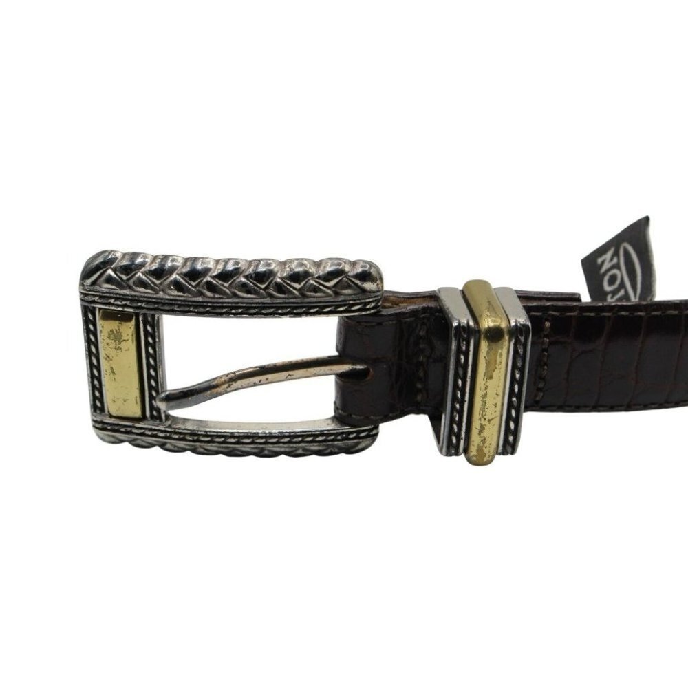 Brighton Brown Croc Grain Leather Silver Gold Hinged Belt #44209 Size M - Picture 7 of 9